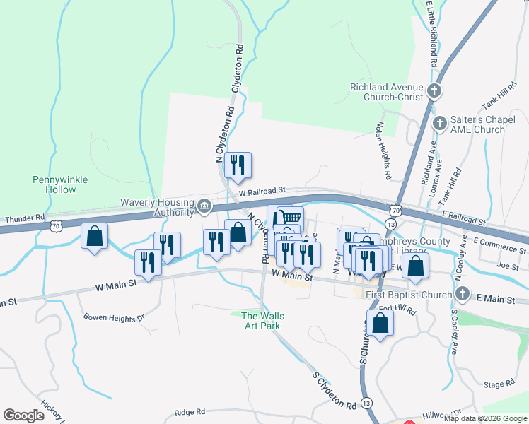 map of restaurants, bars, coffee shops, grocery stores, and more near 108 Weems Place in Waverly