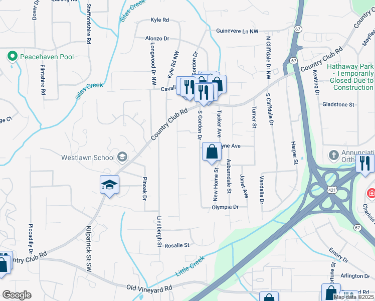 map of restaurants, bars, coffee shops, grocery stores, and more near 137 Hedgecock Avenue Southwest in Winston-Salem