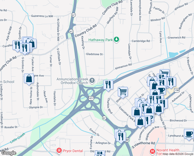 map of restaurants, bars, coffee shops, grocery stores, and more near 3412 Kinnamon Road in Winston-Salem
