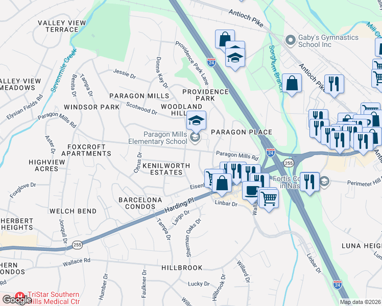 map of restaurants, bars, coffee shops, grocery stores, and more near 265 Paragon Mills Road in Nashville