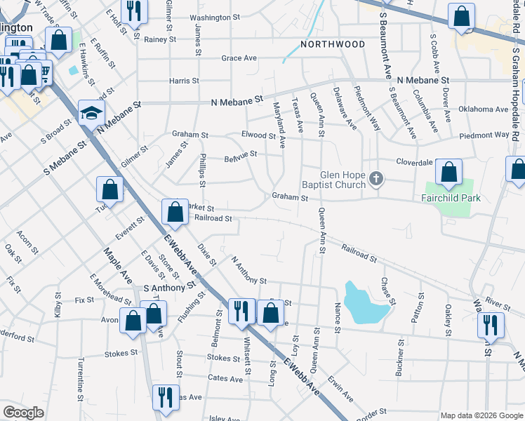 map of restaurants, bars, coffee shops, grocery stores, and more near 953 East Market Street in Burlington