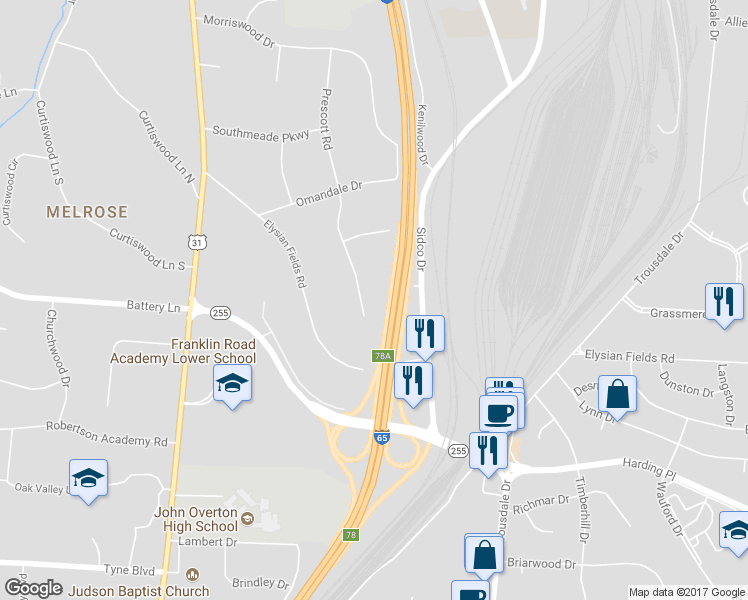 map of restaurants, bars, coffee shops, grocery stores, and more near 4418 Prescott Road in Nashville