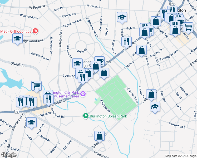 map of restaurants, bars, coffee shops, grocery stores, and more near 1258 South Church Street in Burlington
