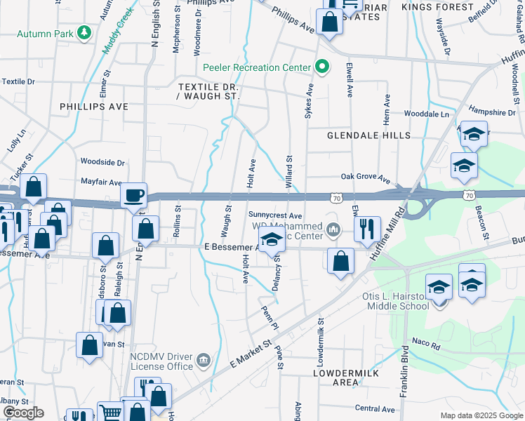 map of restaurants, bars, coffee shops, grocery stores, and more near 3465 Sunnycrest Avenue in Greensboro