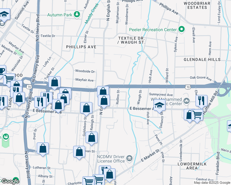 map of restaurants, bars, coffee shops, grocery stores, and more near 709 Rollins Street in Greensboro