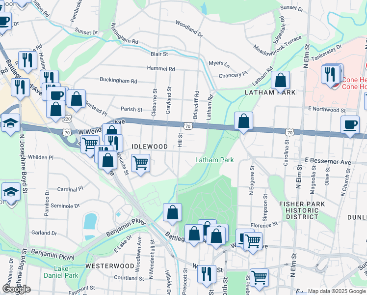 map of restaurants, bars, coffee shops, grocery stores, and more near 1003 Hill Street in Greensboro