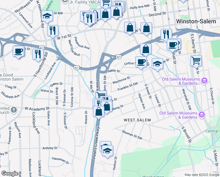 map of restaurants, bars, coffee shops, grocery stores, and more near 408a Spaugh Street Southwest in Winston-Salem