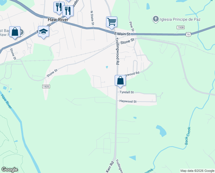 map of restaurants, bars, coffee shops, grocery stores, and more near 401 Fran Drive in Haw River