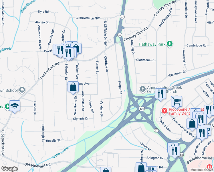 map of restaurants, bars, coffee shops, grocery stores, and more near 228 South Cliffdale Drive in Winston-Salem