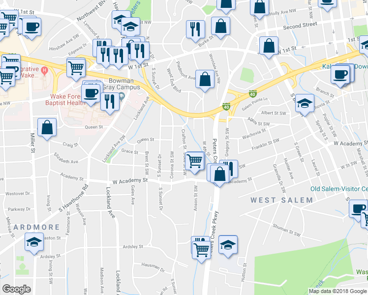 map of restaurants, bars, coffee shops, grocery stores, and more near 342 Crafton Street in Winston-Salem