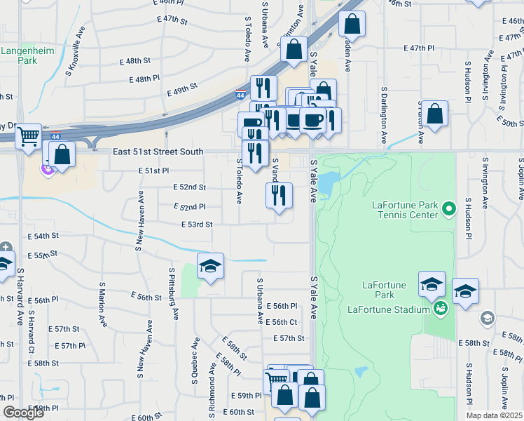 map of restaurants, bars, coffee shops, grocery stores, and more near 5160 South Vandalia Avenue in Tulsa