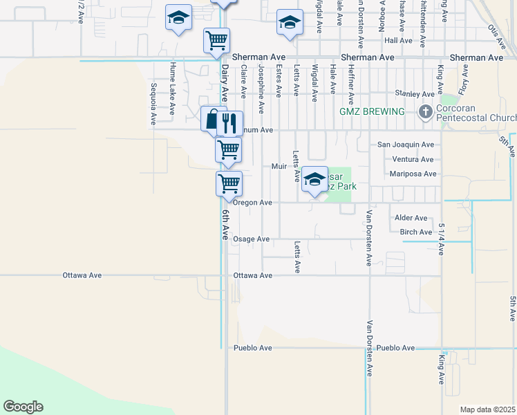 map of restaurants, bars, coffee shops, grocery stores, and more near 1719 Oregon Avenue in Corcoran