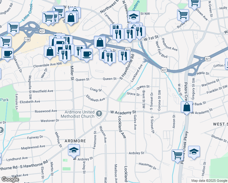 map of restaurants, bars, coffee shops, grocery stores, and more near 445 South Hawthorne Road in Winston-Salem