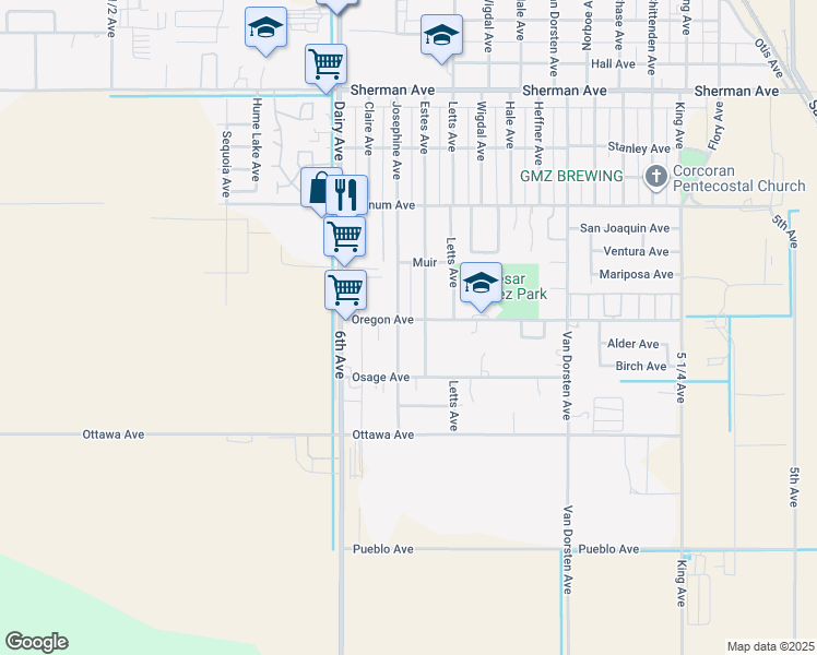 map of restaurants, bars, coffee shops, grocery stores, and more near 1719 Oregon Avenue in Corcoran