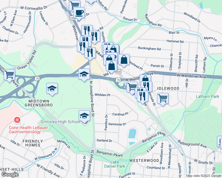 map of restaurants, bars, coffee shops, grocery stores, and more near 1214 Pamlico Drive in Greensboro