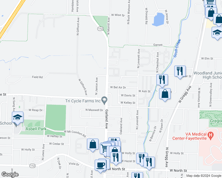 map of restaurants, bars, coffee shops, grocery stores, and more near 1039 West Bel Air Drive in Fayetteville