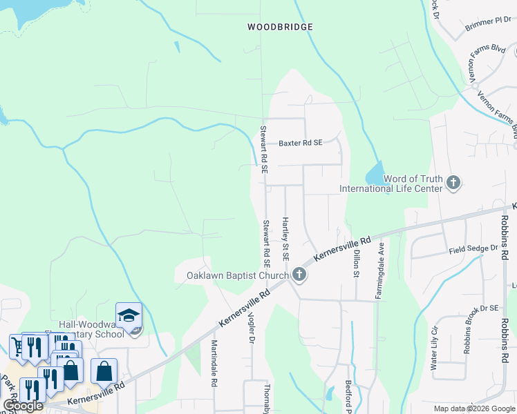 map of restaurants, bars, coffee shops, grocery stores, and more near 256 Stewart Road Southeast in Winston-Salem