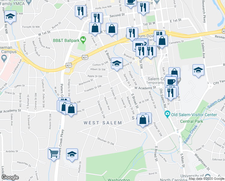 map of restaurants, bars, coffee shops, grocery stores, and more near 513 South Green Street in Winston-Salem