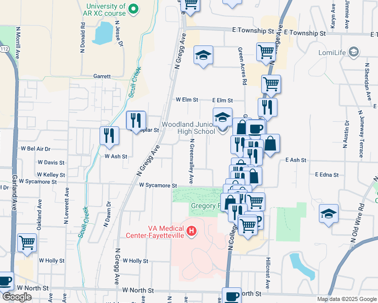 map of restaurants, bars, coffee shops, grocery stores, and more near 1831 North Greenvalley Avenue in Fayetteville
