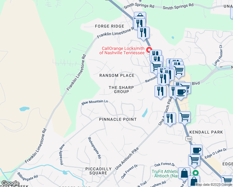 map of restaurants, bars, coffee shops, grocery stores, and more near 1709 Olive Circle in Nashville