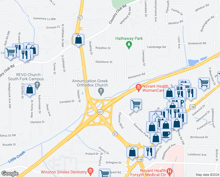 map of restaurants, bars, coffee shops, grocery stores, and more near 3408 Kinnamon Road in Winston-Salem