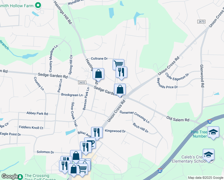 map of restaurants, bars, coffee shops, grocery stores, and more near 1017 Sedge Garden Road in Kernersville
