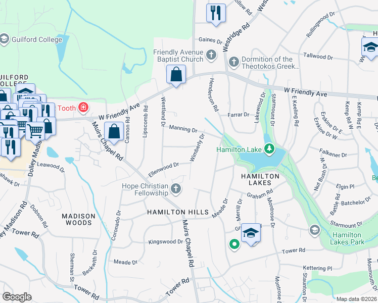 map of restaurants, bars, coffee shops, grocery stores, and more near 5003 Lancaster Road in Greensboro