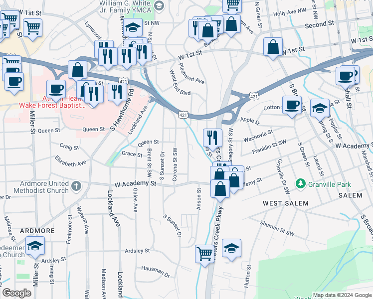 map of restaurants, bars, coffee shops, grocery stores, and more near 340 Crafton Street in Winston-Salem