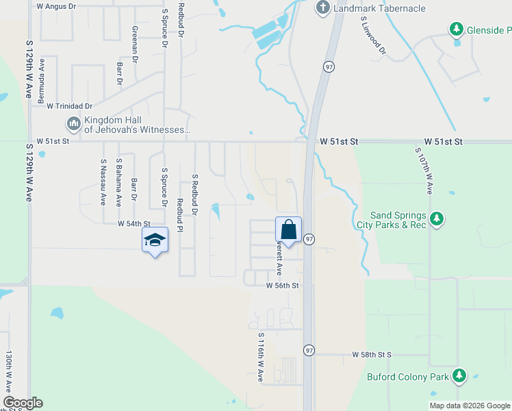 map of restaurants, bars, coffee shops, grocery stores, and more near 5237 South Walnut Creek Place in Sand Springs
