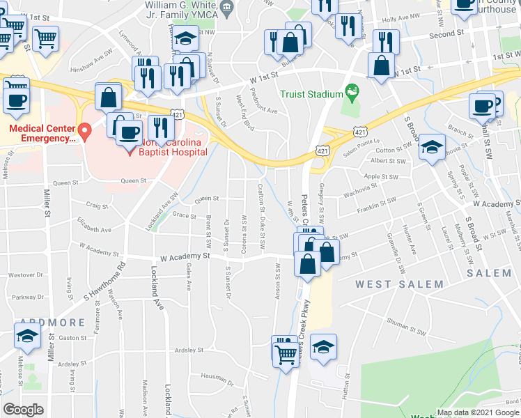 map of restaurants, bars, coffee shops, grocery stores, and more near 340 Crafton Street in Winston-Salem