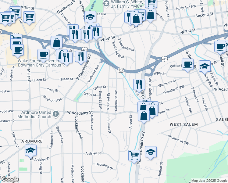 map of restaurants, bars, coffee shops, grocery stores, and more near 412 Corona Street in Winston-Salem