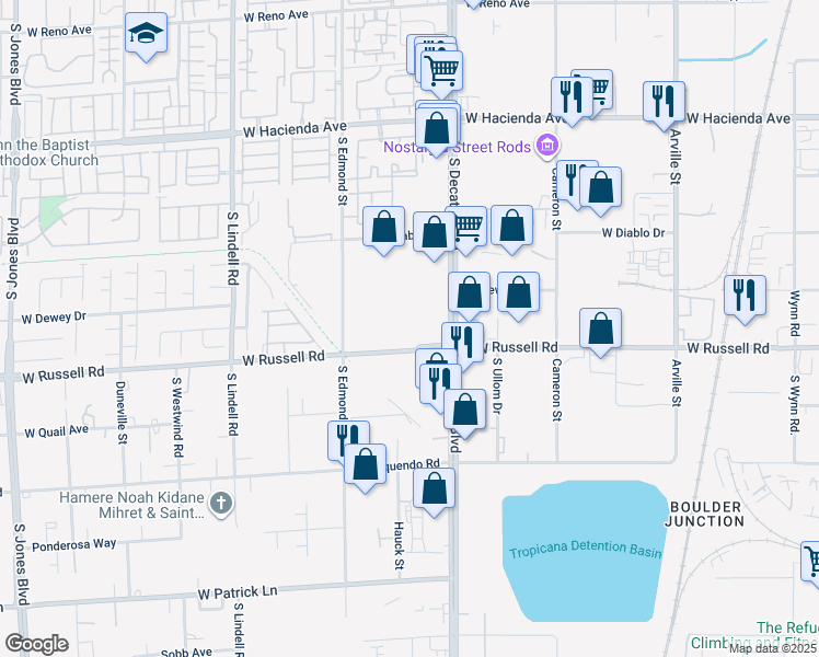 map of restaurants, bars, coffee shops, grocery stores, and more near 5050 West Russell Road in Las Vegas