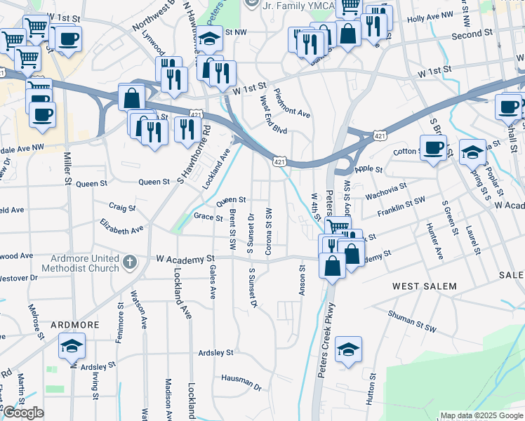 map of restaurants, bars, coffee shops, grocery stores, and more near 412 Corona Street Southwest in Winston-Salem