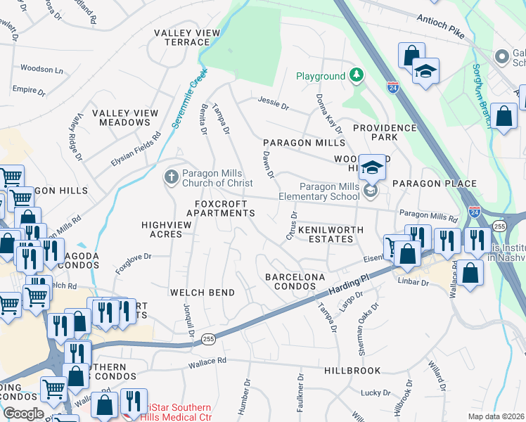 map of restaurants, bars, coffee shops, grocery stores, and more near 4817 Blue Spring Drive in Nashville