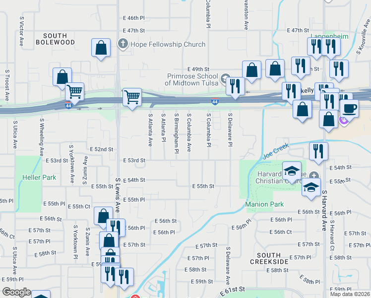 map of restaurants, bars, coffee shops, grocery stores, and more near 5230 South Columbia Avenue in Tulsa