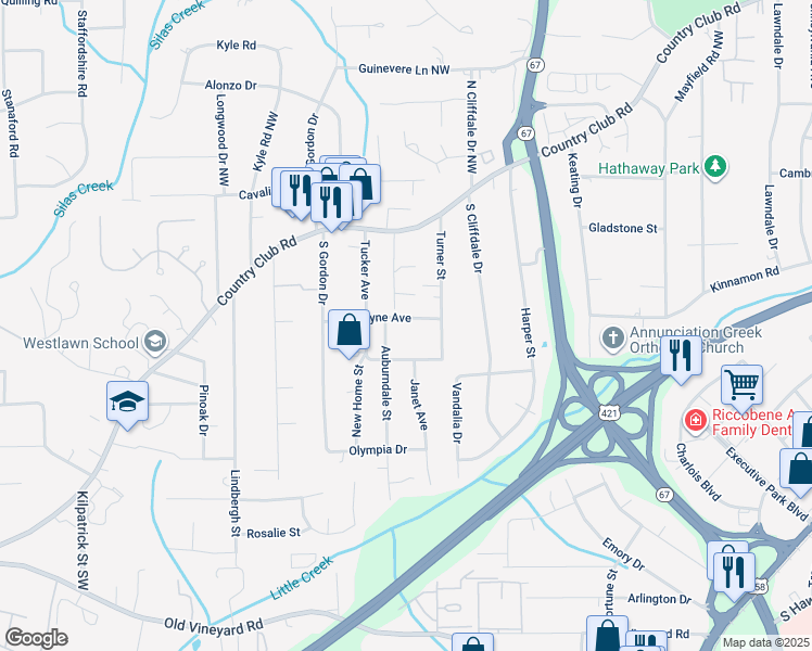 map of restaurants, bars, coffee shops, grocery stores, and more near 3816 Wayne Avenue in Winston-Salem