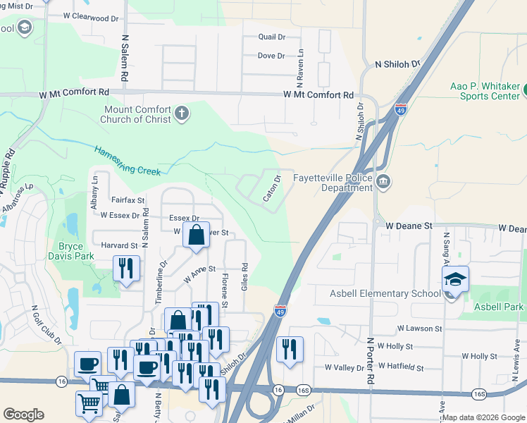 map of restaurants, bars, coffee shops, grocery stores, and more near 2875 Riverridge Drive in Fayetteville