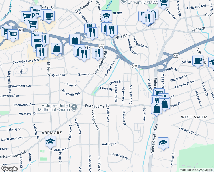 map of restaurants, bars, coffee shops, grocery stores, and more near 1802 Queen Street in Winston-Salem