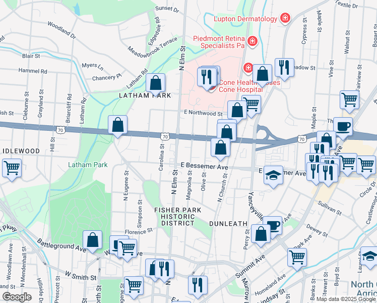map of restaurants, bars, coffee shops, grocery stores, and more near 1107 Magnolia Street in Greensboro