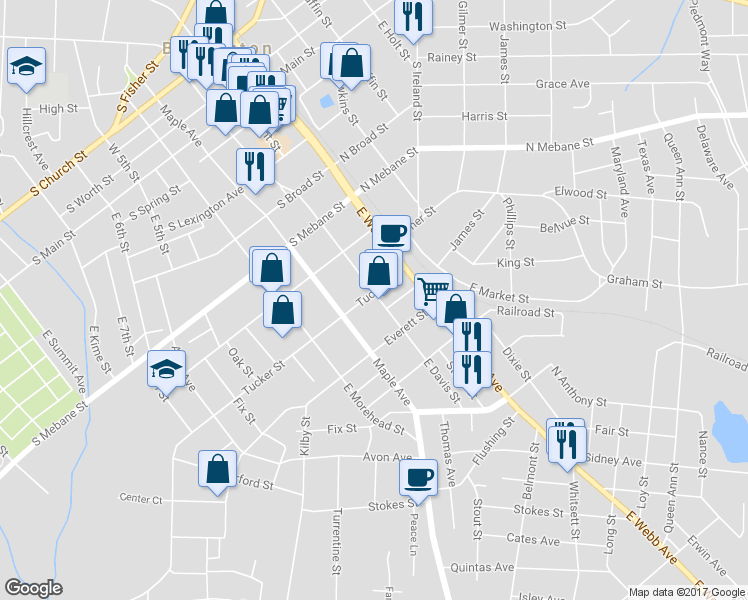 map of restaurants, bars, coffee shops, grocery stores, and more near 707 E Davis St in Burlington