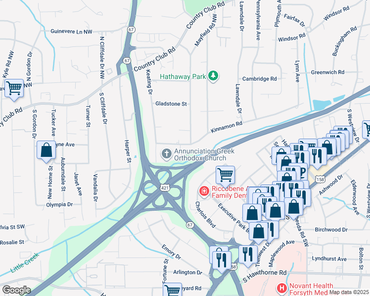map of restaurants, bars, coffee shops, grocery stores, and more near 3404 Kinnamon Road in Winston-Salem