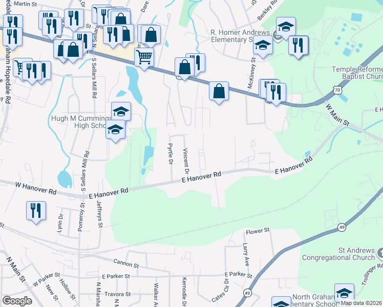 map of restaurants, bars, coffee shops, grocery stores, and more near 1255 Vincent Dr in Graham