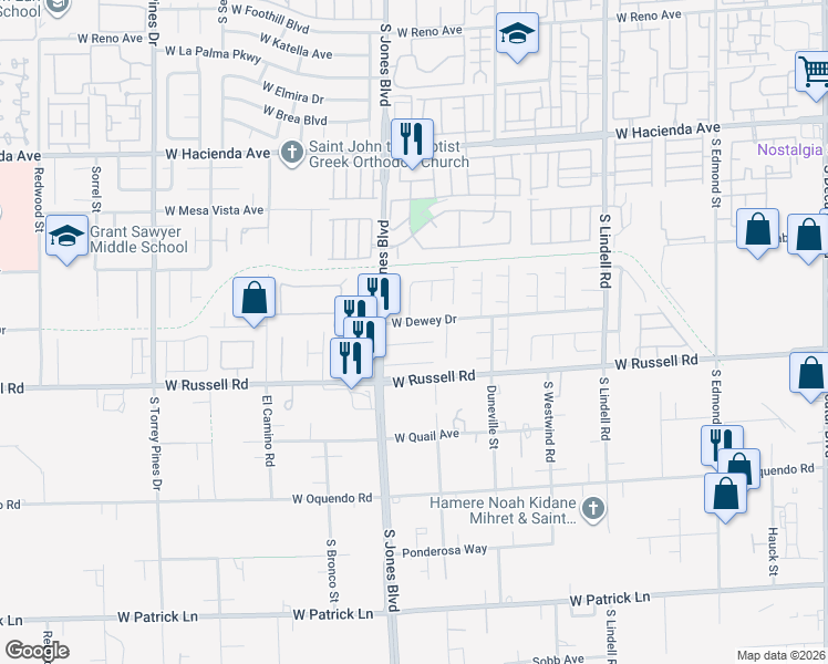 map of restaurants, bars, coffee shops, grocery stores, and more near 6003 West Dewey Drive in Las Vegas
