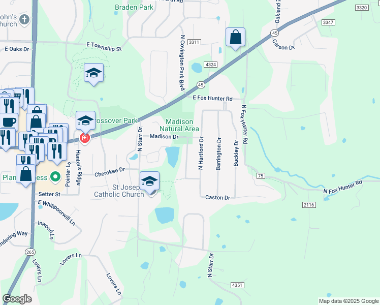 map of restaurants, bars, coffee shops, grocery stores, and more near 1901 North Candleshoe Drive in Fayetteville