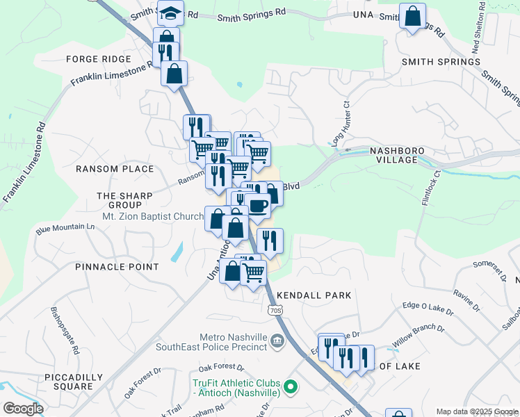 map of restaurants, bars, coffee shops, grocery stores, and more near 2300 Murfreesboro Pike in Nashville
