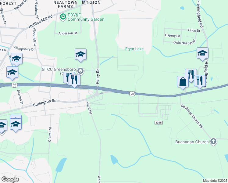 map of restaurants, bars, coffee shops, grocery stores, and more near Burlington Rd & Wendover Ave E in Greensboro