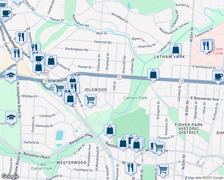map of restaurants, bars, coffee shops, grocery stores, and more near 1003 Hill St in Greensboro