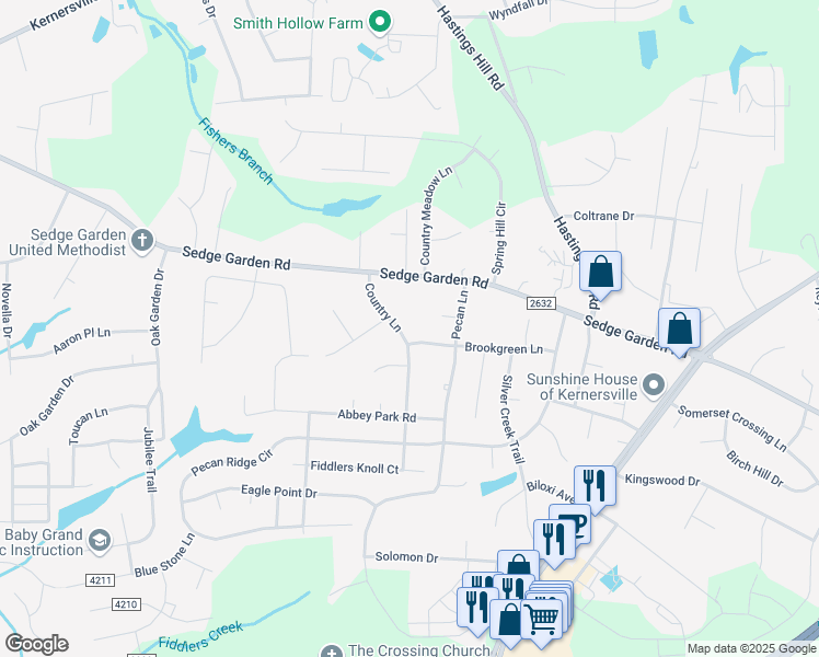 map of restaurants, bars, coffee shops, grocery stores, and more near 1525 Country Lane in Kernersville