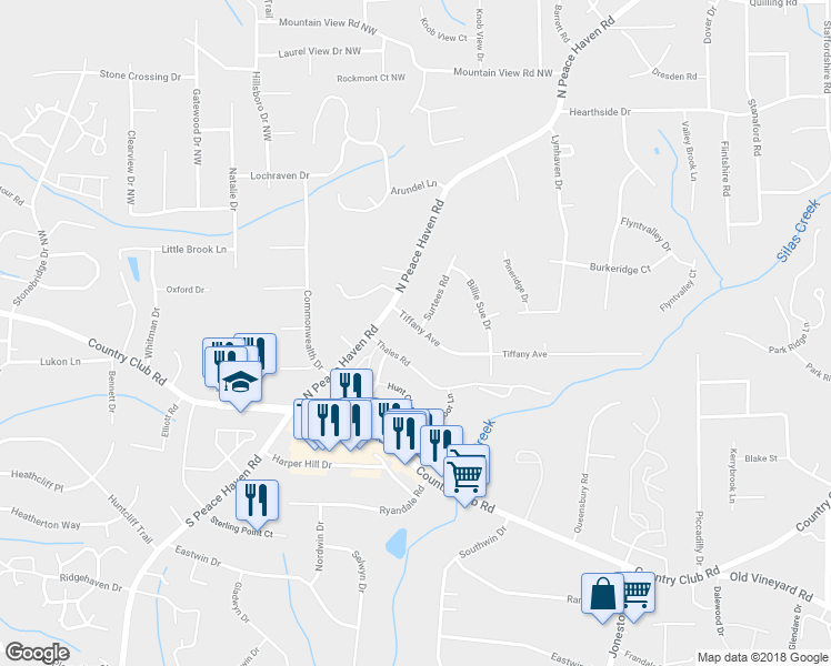map of restaurants, bars, coffee shops, grocery stores, and more near 4920 Tiffany Avenue in Winston-Salem