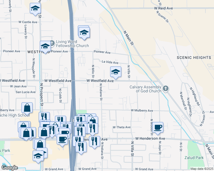 map of restaurants, bars, coffee shops, grocery stores, and more near 750 Lisa Lane in Porterville